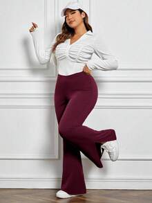 SHEIN PETITE CURVE Plus Petite 女式开叉喇叭裤 - 棕色 - 查看 3