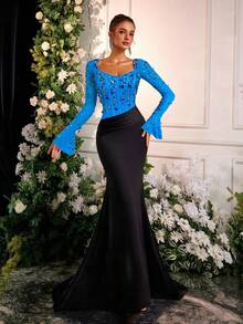 Glamrae Elegante vestido de noche de gala largo con mangas de volantes de malla negra y caqui, con detalles de lujo de strass - Agua verde azul - Ver 7