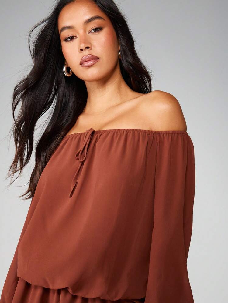 MISSGUIDED Off Shoulder Mini Dress With Tie Detail Long Sleeves Ruched Waist Boho Flowing Chiffon Style Fall Winter