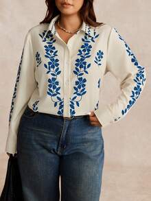EMERY ROSE Camisa de manga larga con estampado de posicionamiento para mujer de talla grande, romántica y retro, elegante y casual para el trabajo, adecuada para vacaciones, citas y uso diario - Multicolor - Ver 7