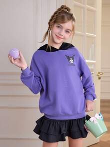 HELLO KITTY AND FRIENDS | SHEIN 少女可爱简约卡通图案落肩3D耳朵卫衣，休闲日常穿着，紫色