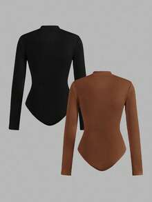 SHEIN EZwear 2 件女式半拉链高领紧身休闲长袖紧身衣套装，适合秋冬季 - 彩色 - 查看 2
