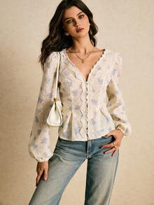 Poéselle 女式刺绣V领长袖单排扣时尚衬衫 - 藍色 - 查看 2