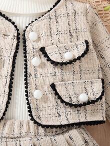 SHEIN 2 件套女婴秋冬时尚服装，韩式开衫夹克，带丝带口袋装饰和百褶裙，优雅公主裙，适合派对、生日 - 杏色 - 查看 8