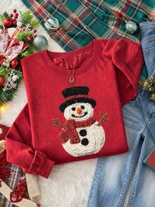 INAWLY 圣诞雪人图案印花休闲圆领长袖女式运动衫，秋冬送给朋友的绝佳礼物 - 紅色 - 查看 3