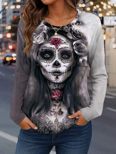 INAWLY Kontrast-Farbdruck mit Skelett-Braut Motiv Rundhals Damen Langarm T-Shirt