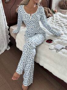Bộ đồ ngủ tay dài họa tiết hoa lãng mạn, cổ vuông viền ren CottageSlumber, 2 nút, áo và quần dài, bộ đồ ngủ nữ, bộ đồ ngủ hai mảnh, bộ đồ ngủ tay dài, bộ đồ ngủ nữ, quần áo mùa đông - Nhiều màu - Xem 6