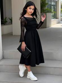 少女优雅修身黑色网眼拼布不对称肩部喇叭袖褶饰连衣裙，女童黑色派对礼服，圣诞礼服，新年礼服，舞会礼服