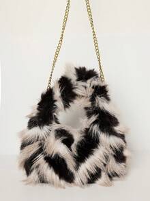 MUSERA 黑白相间蓬松人造毛皮手提包，适合节日、假日、派对、圣诞节等场合。 - 黑與白 - 查看 4