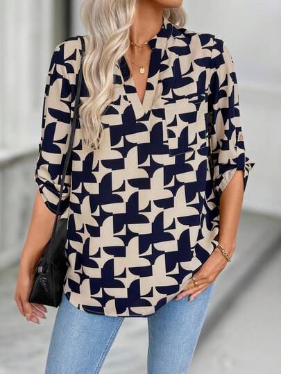 EMERY ROSE 女士春秋季V领七分袖衬衫，适合秋季穿着，休闲百搭，适合女士穿着。