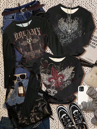 Tween Girl Grunge Vintage Punk Goth Heart Wing Cross Print Casual Minimalist Crew Neck Long Sleeve T-Shirt