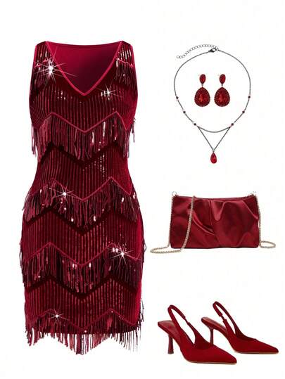 Ellevyn Women's Sleeveless Bodycon Mini Dress With Fringe And Sequins, Elegant Party Dress For Birthday, New Year, Christmas, Wine Red  Red Dresses Sparkly Sequin Dress Shiny  Elegant Dresses For Party  Prom Dresses  Wedding Guest Dresses  Autumn Elegant Slim Commuting Versatile Bottoming Skirt  New Year Dress   Christmas Dress   Autumn Clothes For Women   Red Dresses For Women   Sexy Dress For Women   Sequin Sparkly Dress  Party Nnew Year Clothes Hristmas Women's Clothing  Autumn Winter Women Red Tassel Sequin Sexy Mini Dress Red Dress Women Women's Autumn And Winter Dresses   Luxury Evening Dresses For Women Hristmas   New Women's Autumn/Winter Clothingwomen's Clothing