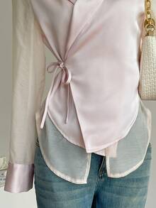 Celisse Women's Lapel NeckLong Sleeve Side Knot Fashionable Blouse - White - View 6