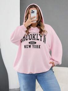 SHEIN CURVE+ 大码女式休闲简约美式复古英伦印花连帽长袖宽松卫衣/冬季 - 粉色 - 查看 7