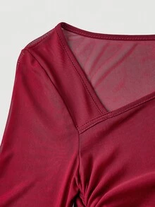 SHEIN MOD Women's Red Mesh Fitted Flare Sleeve Top Asymmetrical Neckline Ruched Detail - Burgundy - View 3