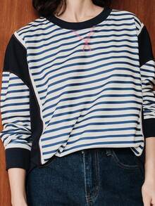 Uhlyne Uhlyne Sudadera holgada de mujer con parches a rayas y contraste de color, top casual de cuello redondo, primavera/otoño - Azul - Ver 2