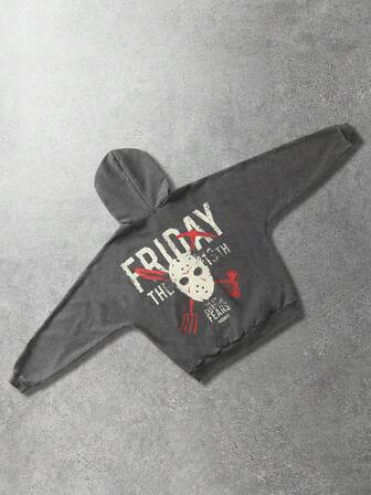 Friday the 13th X ROMWE Herren Lässig Hoodie mit Buchstaben- und Masken-Grafik, Herbst