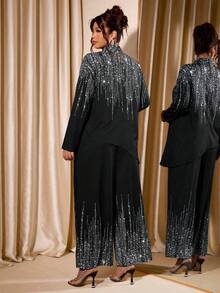 Cravure Set de 2 piezas talla grande para mujer: Blusa de manga larga con cuello mao, bajo asimétrico y estampado de agua, y pantalón de pierna ancha con estampado de agua