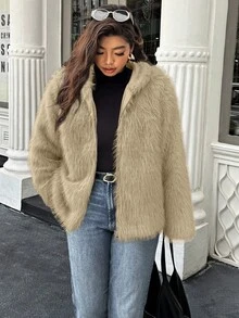 Easura Plus Size Solid Color Short Warm Faux Fur Hooded Jacket, Winter - Khaki - View 4