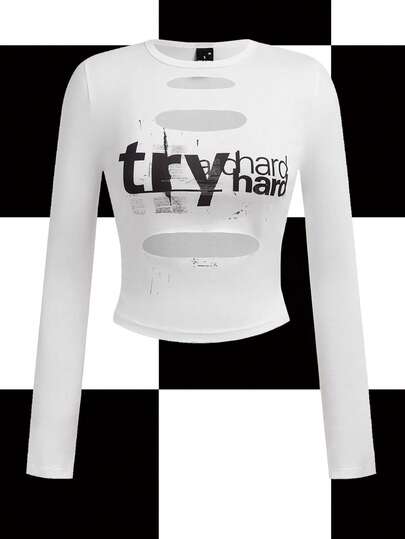 Y2Kool Ronald Lubega Black & White Letter Slogan Ripped Distressed Y2K Baddie Streetwear Casual Women Tight Crew Neck Cropped Long Sleeve Top, Suitable For Autumn/Winter Parties, Gatherings, And Daily Wear White Graphic Crop Top Long Sleeve Crop White Y2k Top Graphic Crop Tops Women Shirts Crop Stylish Clothing Collection New Year Outfits