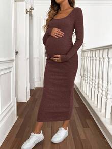 SHEIN 孕妇纯色简约休闲长袖针织连衣裙 - 棕色 - 查看 3