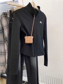 SHEIN Unity 1 件女士修身薄夹克，立领或 V 领，双拉链，刺绣，适合日常、通勤、休闲、家居服，黑色，秋冬 - 黑色 - 查看 1