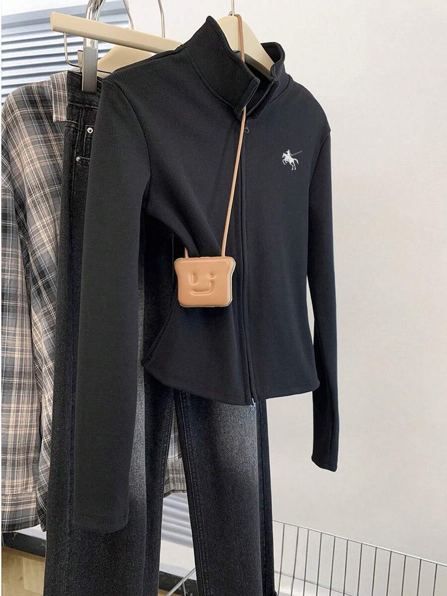 SHEIN Unity 1 件女士修身薄夹克，立领或 V 领，双拉链，刺绣，适合日常、通勤、休闲、家居服，黑色，秋冬 - 黑色 - 查看 1