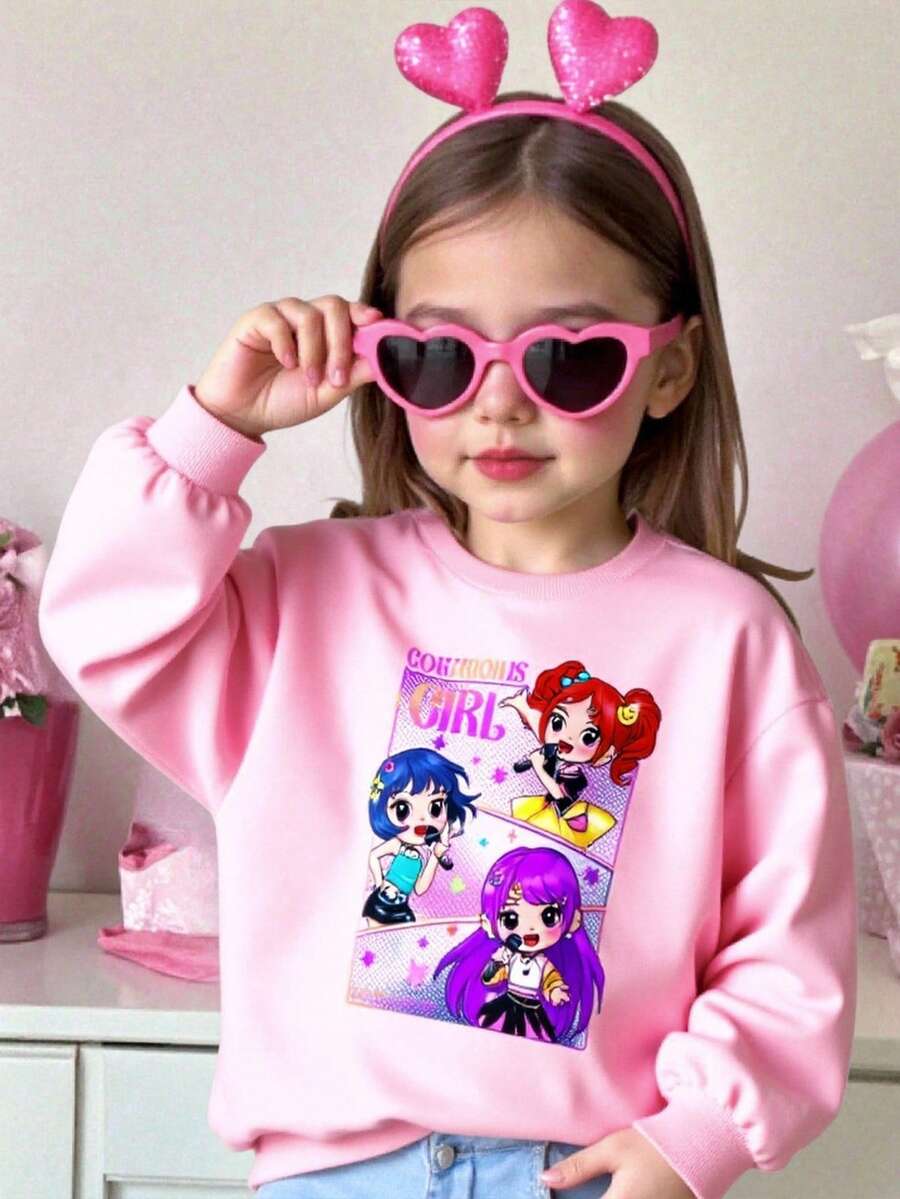 SHEIN Sudadera de cuello redondo para niña, sudadera rosa con estampado gráfico de 3 niñas cantando, versátil, casual y linda - Rosa - Ver 1