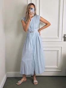 Aalyst Váy kẻ sọc chữ A hở eo thời trang thanh lịch, thoải mái, quyến rũ, cổ điển, không tay, đi làm thường ngày cho nữ - Màu xanh lam - Xem 1