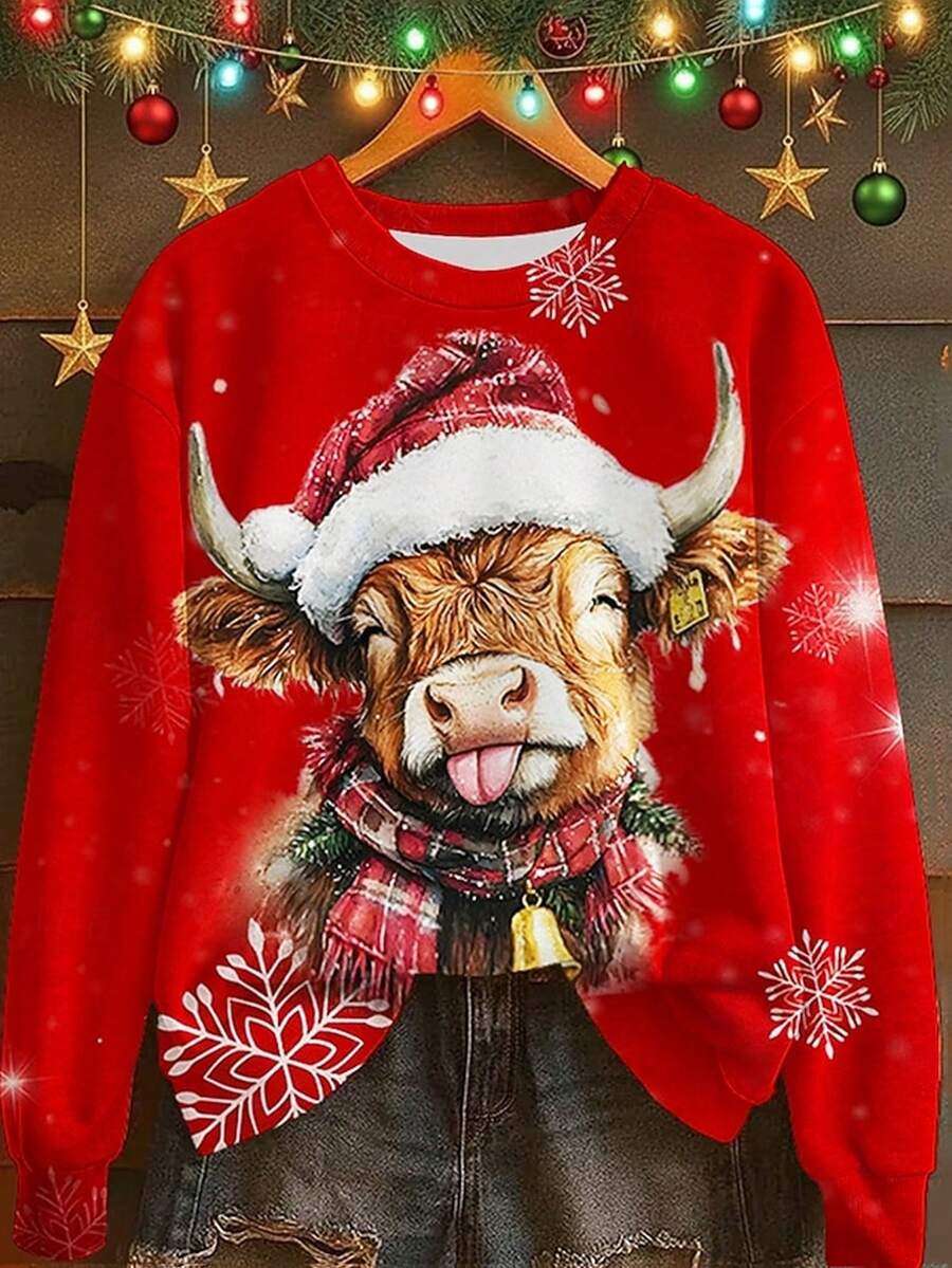 EMERY ROSE 女士流行雪花印花运动衫、女士圣诞牛图案运动衫、圣诞帽图案红色节日运动衫 - 紅色 - 查看 1