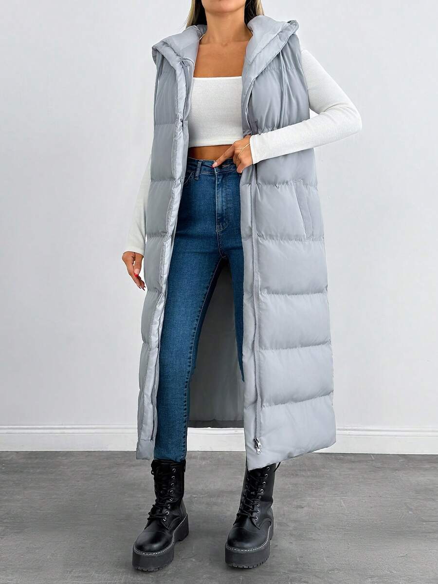 EURMUSE Sleeveless Long Hooded Padded Coat, Solid Color, Winter - Grey - View 1