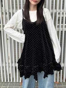 FRIFUL Áo camisole nữ chấm bi xếp lớp viền bèo nhún phối màu tương phản, kiểu dáng giản dị, ngọt ngào. - màu đen - Xem 1
