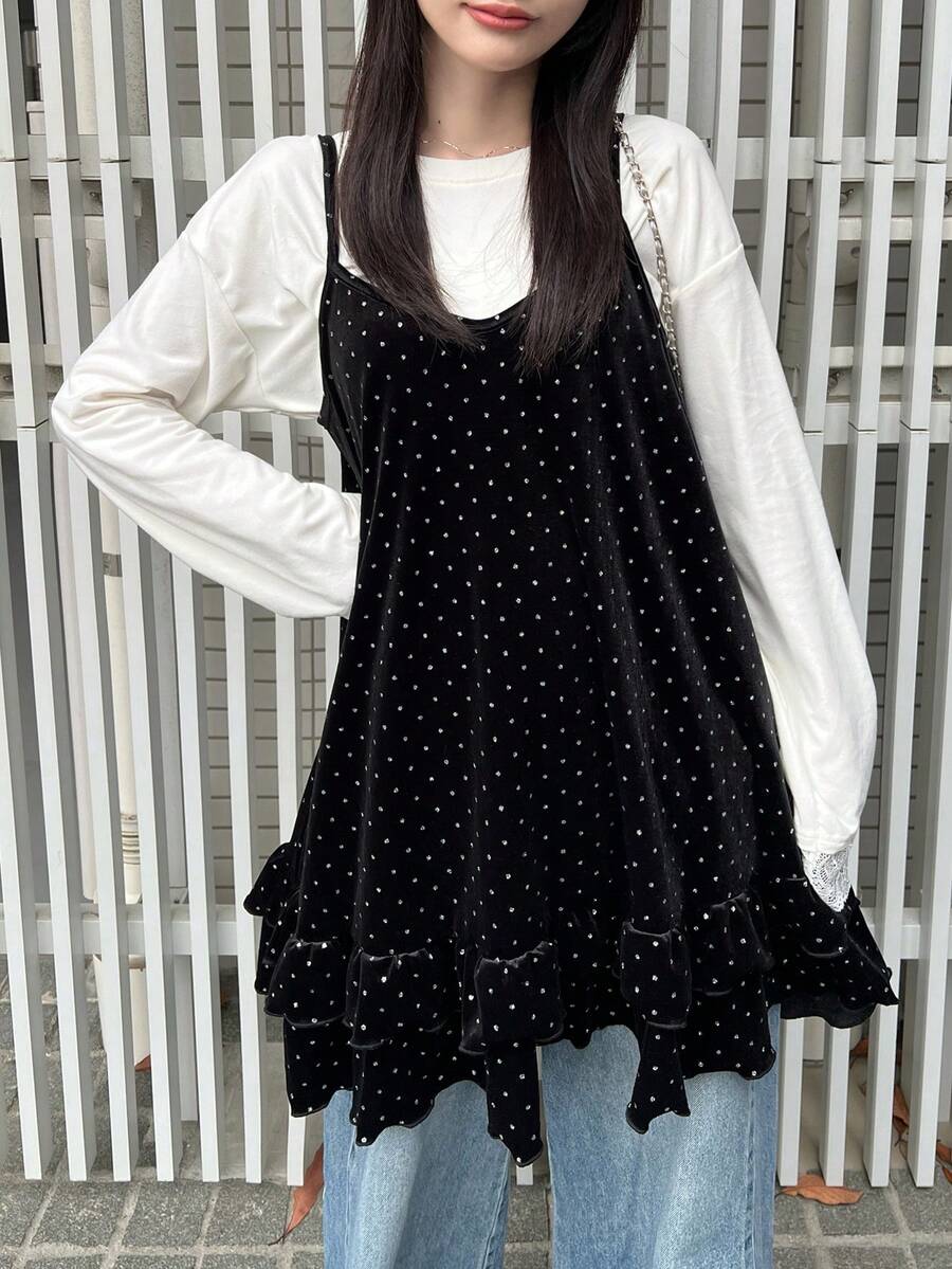 FRIFUL Áo camisole nữ chấm bi xếp lớp viền bèo nhún phối màu tương phản, kiểu dáng giản dị, ngọt ngào. - màu đen - Xem 1