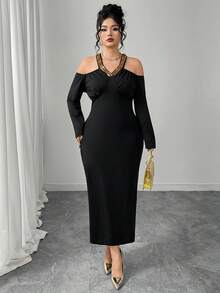 Modelyn Plus Size Solid Color Off-Shoulder Long Sleeve Bodycon Sequin Elegant Dress - Black - View 6