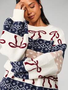 MISSGUIDED Áo len Giáng sinh cỡ lớn có họa tiết Fair Isle và chi tiết nơ Áo chui đầu dệt kim ngày lễ cho lễ kỷ niệm mùa đông - Nhiều màu - Xem 4