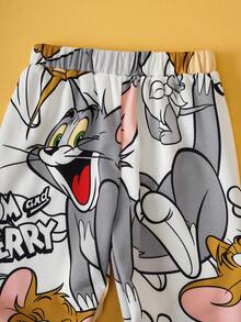 TOM & JERRY X SHEIN 2 件套小男孩卡通全身印花针织宽松圆领套头衫和裤子套装，秋冬