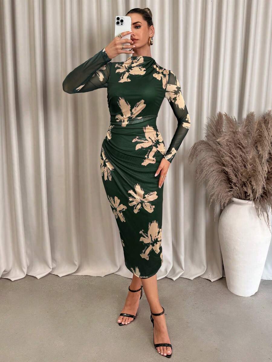 Lavishia 女式优雅花卉印花网眼褶饰合身腰部不对称褶饰中长连衣裙 - 墨綠色 - 查看 1