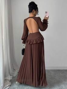 SHEIN Elenzya Váy tay bồng, cổ chữ V, lưng khoét sâu, viền bèo nhún, dáng chữ A, thanh lịch và lãng mạn, vải voan, váy thường ngày cho nữ - Cà phê - Xem 2