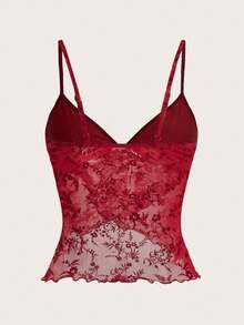 SHEIN ICON 时尚交叉裹身植绒短款红色吊带背心上衣 - 酒紅色 - 查看 6