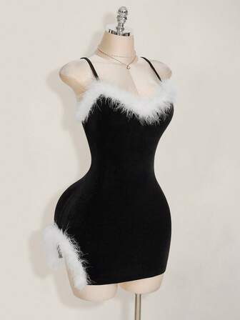 Sweetina Women's Christmas Holiday Black And White Velvet Furry Patchwork Bodycon Sexy Spaghetti Strap Mini Dress