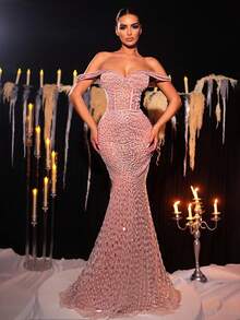 Glamrae 优雅奢华串珠亮片缀饰露肩网眼透视美人鱼尾长裙，适合度假、约会、生日派对、婚礼、毕业典礼、正式晚会 - 藕粉色 - 查看 2