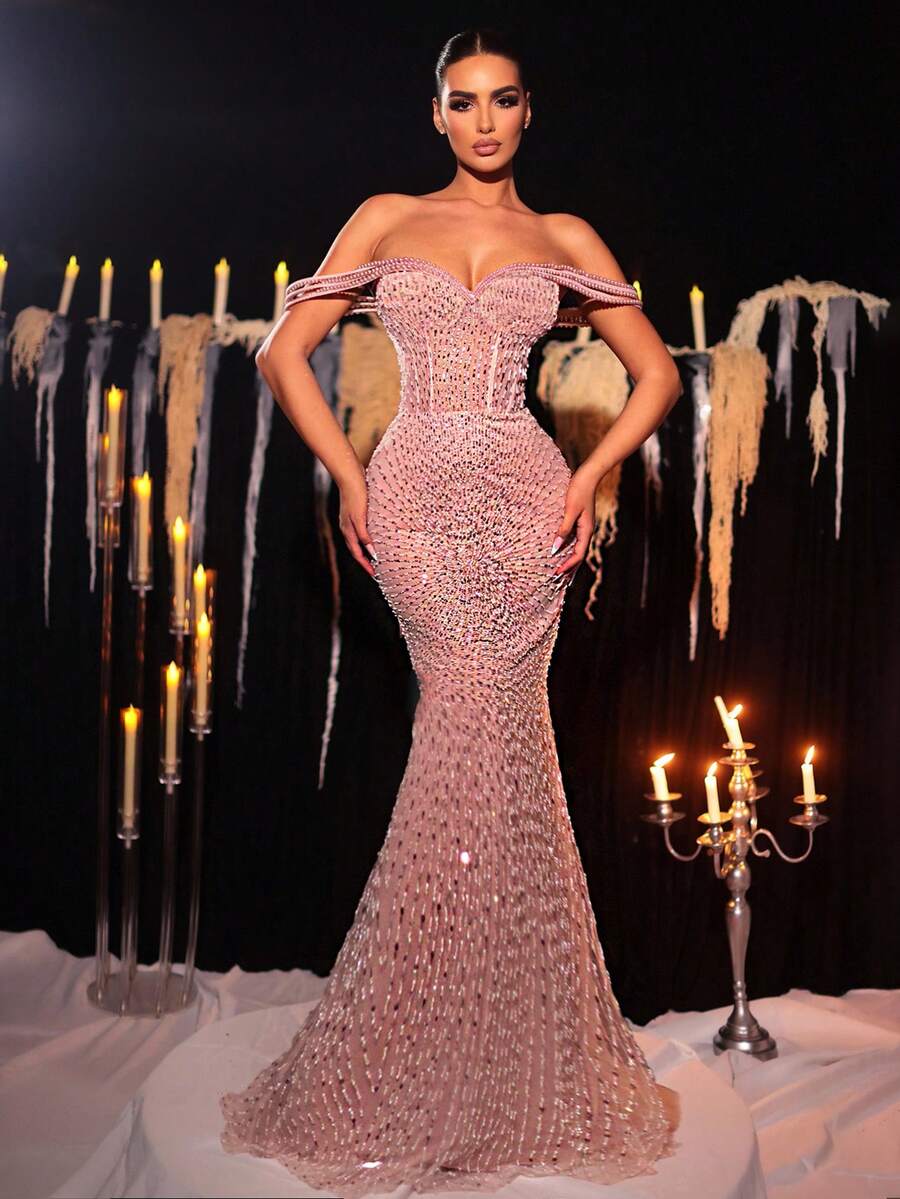 Glamrae 优雅奢华串珠亮片缀饰露肩网眼透视美人鱼尾长裙，适合度假、约会、生日派对、婚礼、毕业典礼、正式晚会