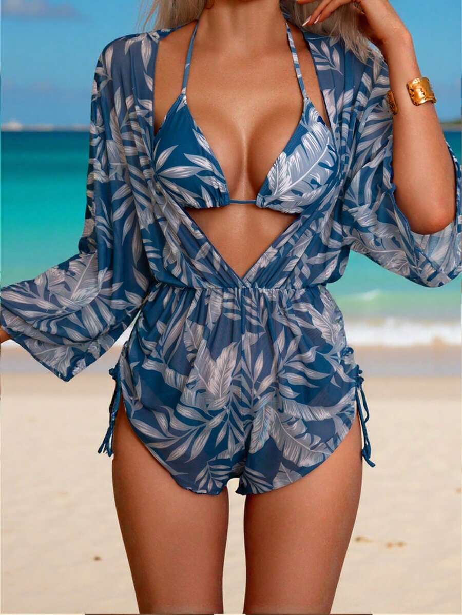 Swim Lushoire Swimsuits For Woman Summer Beach 3packs Random Tropical Print Halter Drawstring Side Bikini - Teal Blue - View 1