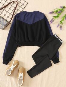 SHEIN Teen Girl Knit Color Block Drawstring Hoodie And Skinny Sweatpants Set, Navy Blue And Black - Navy Blue - View 2