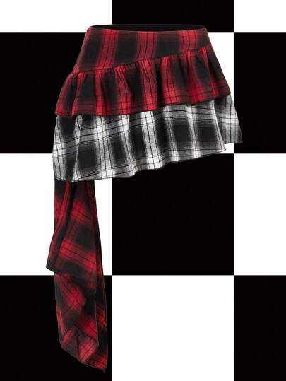 Shutterstock Y2Kool Minifalda asimétrica de estilo punk gótico y Y2K con cuadros multicolor rojo y negro, adecuada para fiestas de otoño/invierno, vacaciones, uso diario, Halloween, Navidad. Falda a cuadros rojos, falda a cuadros, falda a cuadros rojos, falda a cuadros, falda a cuadros asimétrica, minifalda a cuadros rojos. Colección de ropa de estilo, ideas de combinación, atuendos de Año Nuevo