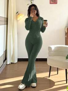 Rafferiza 2 件套女士休闲连帽运动衫，带口袋和罗纹喇叭裤，百搭秋冬装 - 綠色 - 查看 7