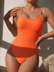 SHEIN Swim Summer Beach Solid Textured Spaghetti Strap One Piece Swimsuit, Bathing Suit - Orange - View 6
