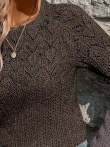 SHEIN LUNE Women's Solid Color Round Neck Hollow Out Casual Sweater, Autumn/Winter - Coffee Brown - View 5