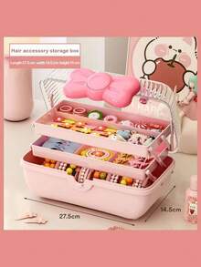 1PC Cute Cartoon-Styled Storage Box For Hair Accessories, Cosmetics, Jewelry, Etc. Large Capacity Transparent Case Back To School - Pink - View 3