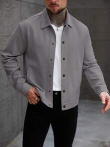 Manfinity CasualCool 男士纯色简约休闲长袖夹克，男士长袖外套，休闲男士夏季夹克，灰色夹克，灰色纽扣男士夹克 - 灰色 - 查看 6